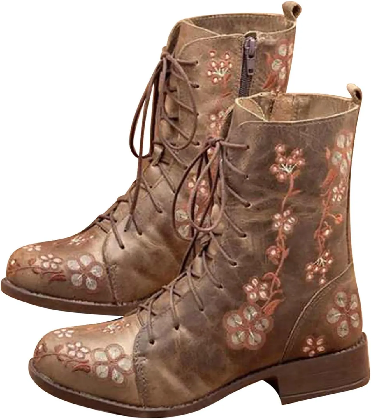 Boots for Women Printed Embroidery Boots Slipper Round Toe Chunky Heel Boots Outdoor Lace Up Mid Calf Boots