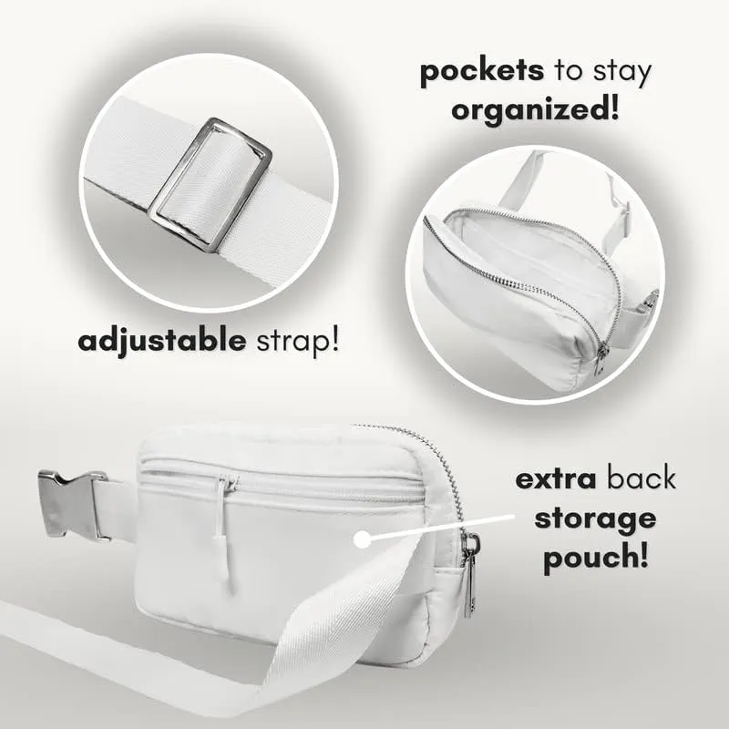 Boutique Belt Bag | Crossbody Bag Fanny Pack for Women Fashionable | Cute Mini Everywhere Bum Hip Waist Pack | Small Fashion Travel Chest Bag | Silver Accessories | Adjustable Extended Strap | White