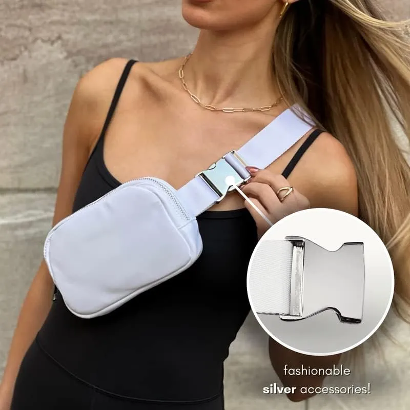 Boutique Belt Bag | Crossbody Bag Fanny Pack for Women Fashionable | Cute Mini Everywhere Bum Hip Waist Pack | Small Fashion Travel Chest Bag | Silver Accessories | Adjustable Extended Strap | White