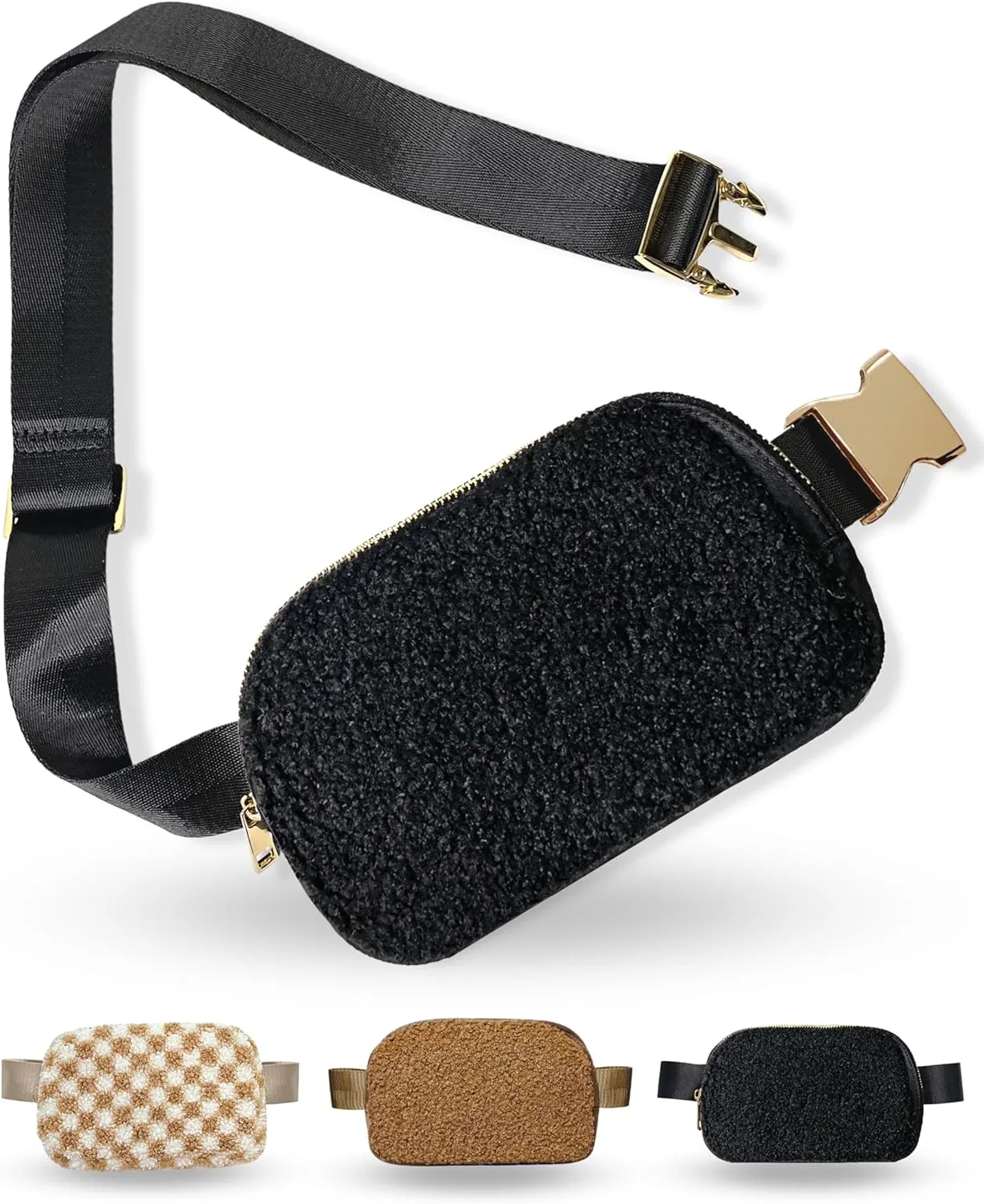 Boutique Fleece Belt Bag | Sherpa Crossbody Bag Fanny Pack for Women Fashionable | Everywhere Waist Pack | Small Fashion Travel Chest Bag (Extended Strap Length, Black Fleece)