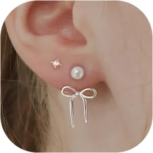 Bow Earrings for Women 14k Gold/Silver Plated Hypoallergenic Dainty Pearl/Cubic Zirconia/Ball Earrings Stacked Stud Earrings Set Jewelry Gifts for Teen Mom Girlfriend