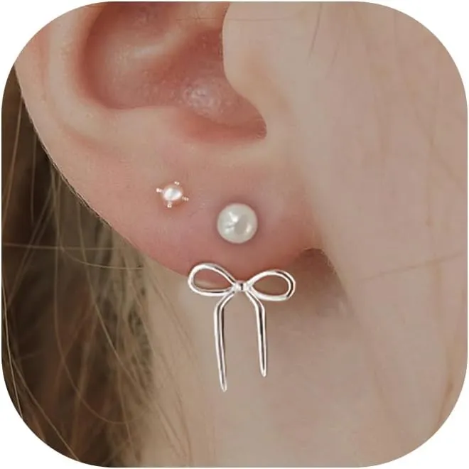 Bow Earrings for Women 14k Gold/Silver Plated Hypoallergenic Dainty Pearl/Cubic Zirconia/Ball Earrings Stacked Stud Earrings Set Jewelry Gifts for Teen Mom Girlfriend