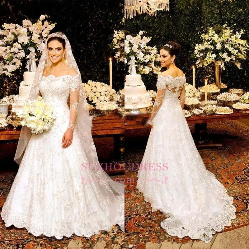 Button Zipper Lace Bride Dress Beautiful Long Sleeve Wedding Dress