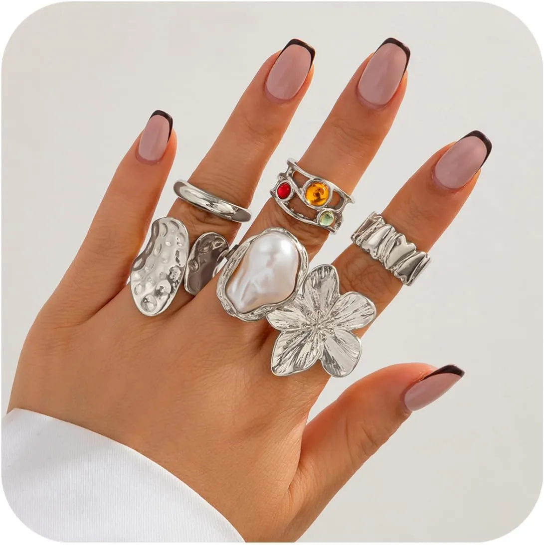 BUYITO Chunky Gold Rings for Women Trendy Statement Flower Knuckle Crystal Ring Stacked Opening Adjustable Prom Fashion Jewelry Accessories
