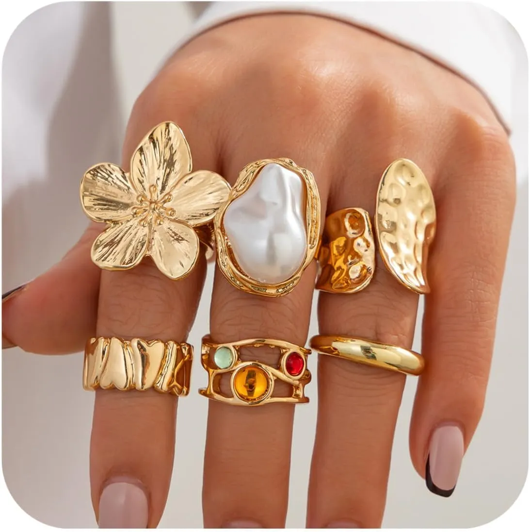 BUYITO Chunky Gold Rings for Women Trendy Statement Flower Knuckle Crystal Ring Stacked Opening Adjustable Prom Fashion Jewelry Accessories
