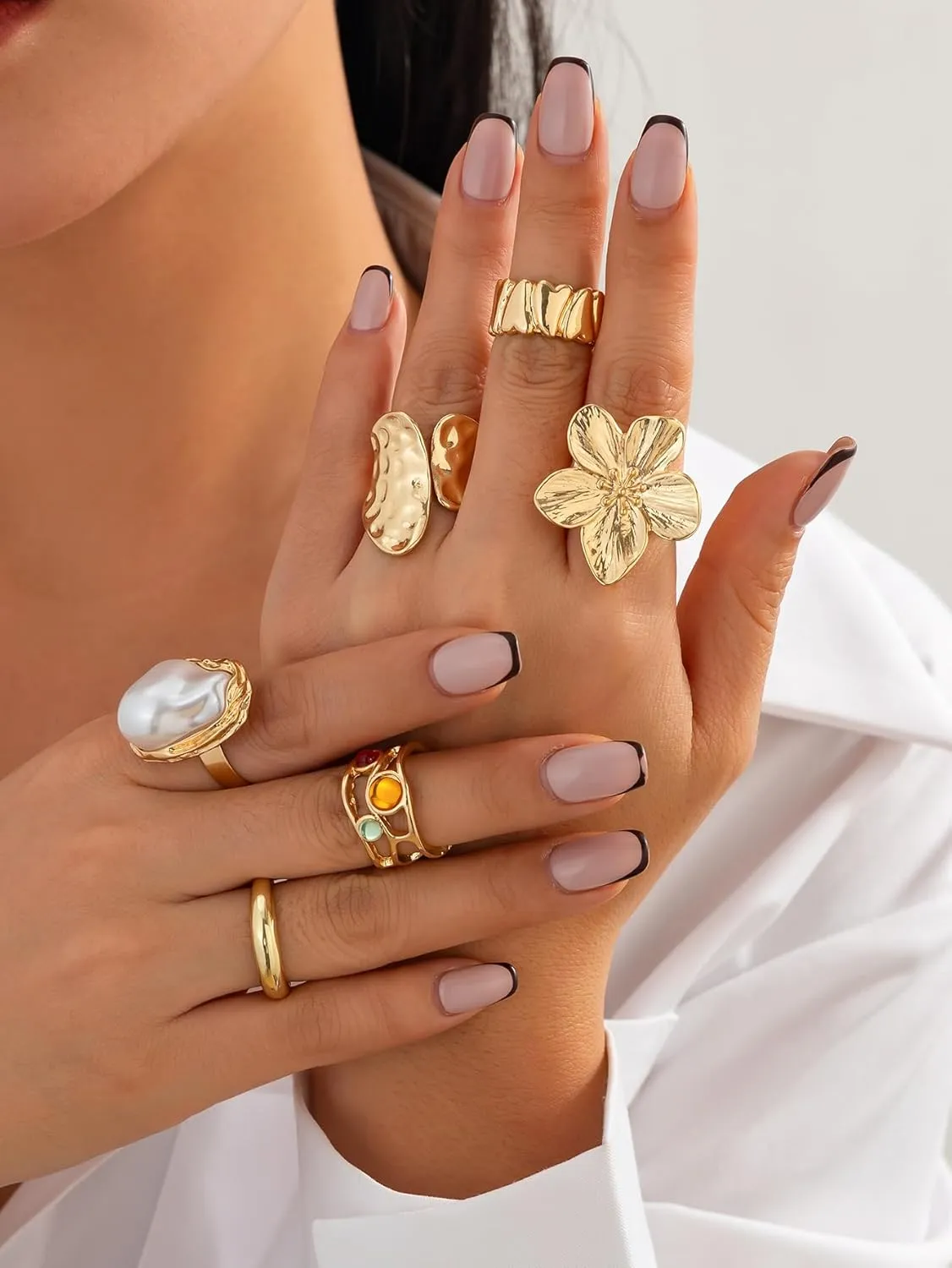 BUYITO Chunky Gold Rings for Women Trendy Statement Flower Knuckle Crystal Ring Stacked Opening Adjustable Prom Fashion Jewelry Accessories