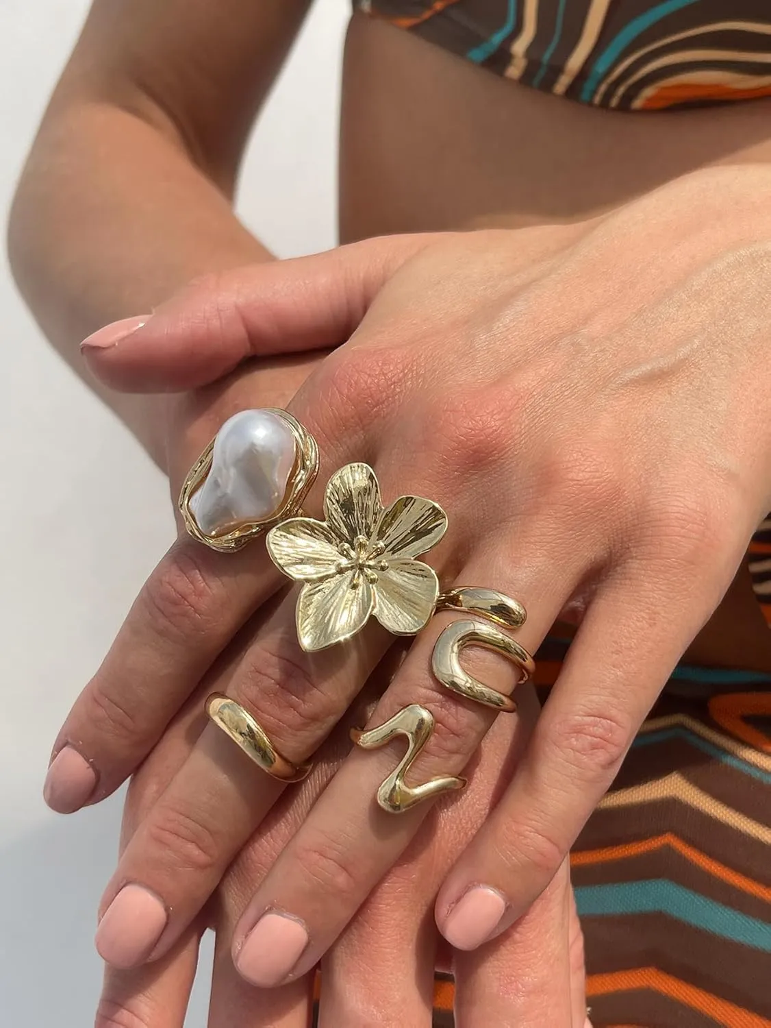 BUYITO Chunky Gold Rings for Women Trendy Statement Flower Knuckle Crystal Ring Stacked Opening Adjustable Prom Fashion Jewelry Accessories