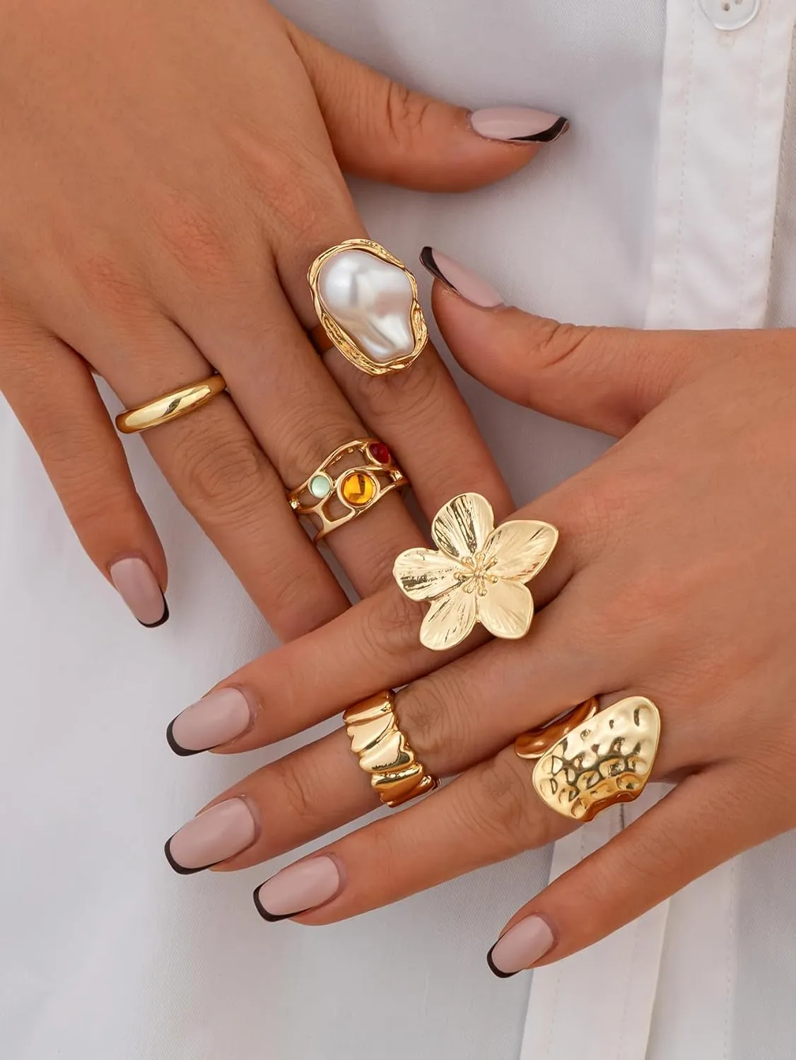 BUYITO Chunky Gold Rings for Women Trendy Statement Flower Knuckle Crystal Ring Stacked Opening Adjustable Prom Fashion Jewelry Accessories