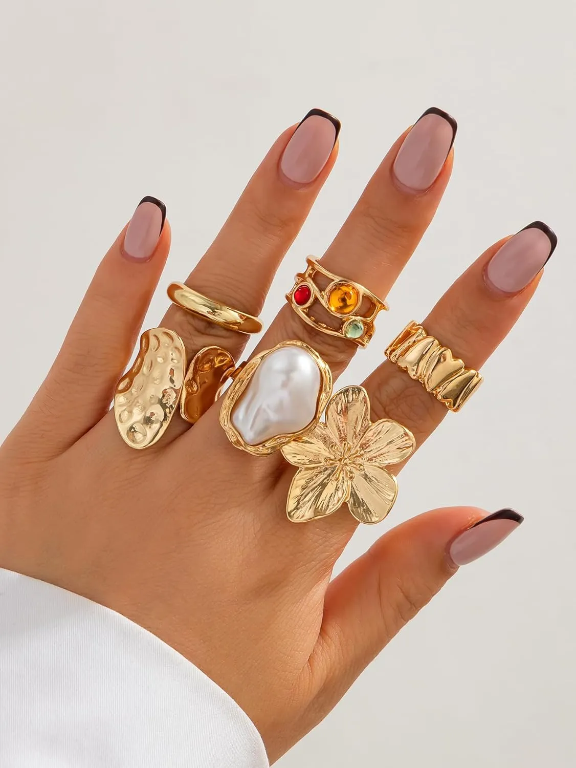 BUYITO Chunky Gold Rings for Women Trendy Statement Flower Knuckle Crystal Ring Stacked Opening Adjustable Prom Fashion Jewelry Accessories