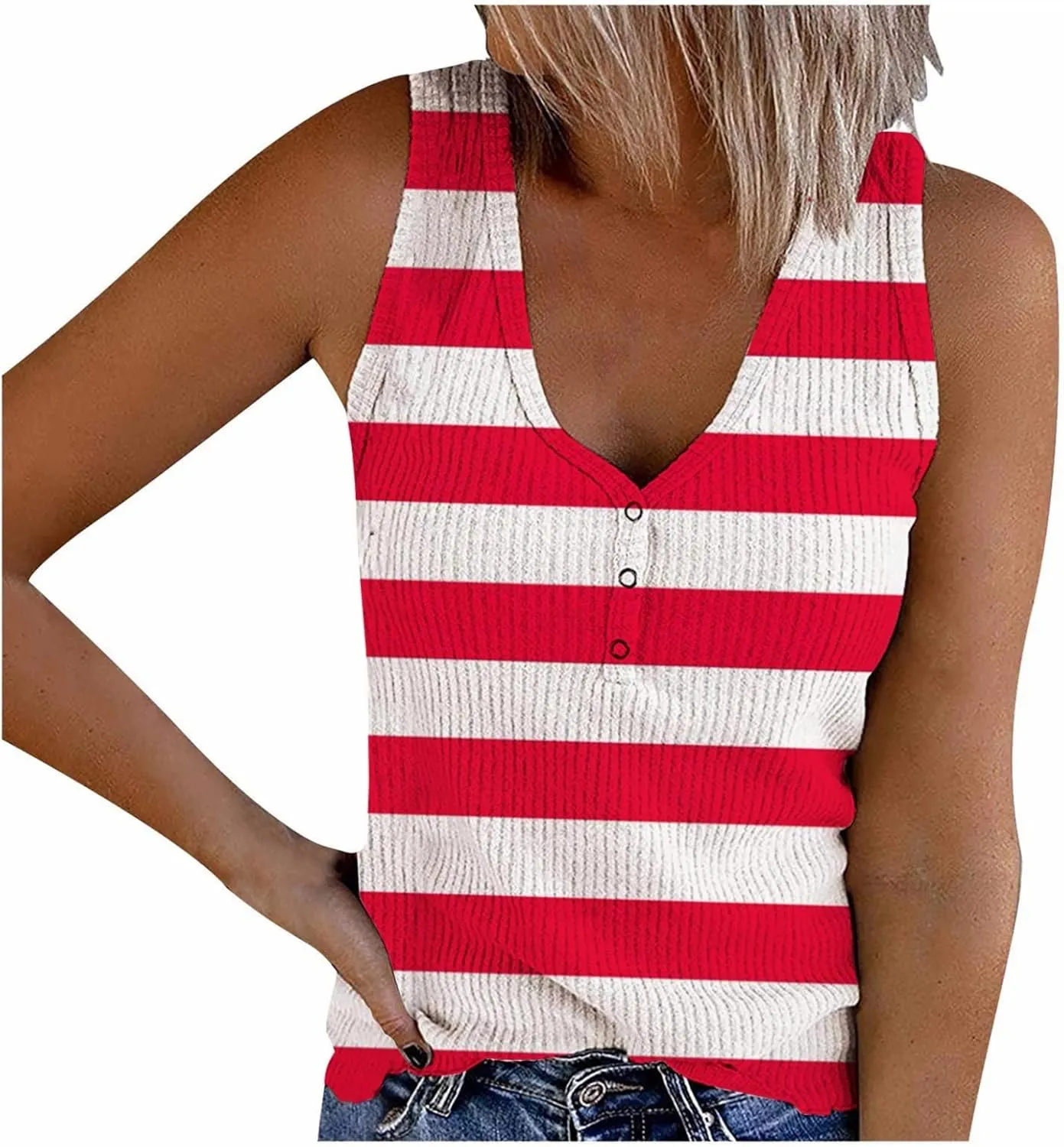 Camisole Women's V Neck Tank Tops Summer Sleeveless Ribbed Button Casual Henley Shirts Fashion Printing T Shirts
