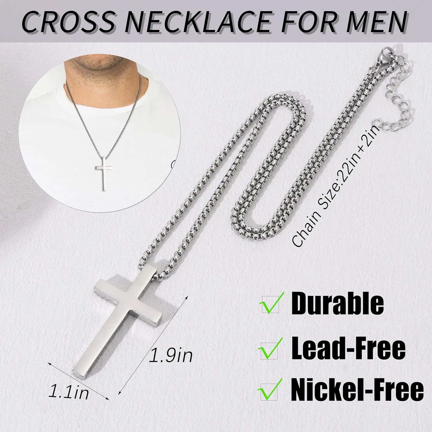 CASDAN Cross Necklace for Men Inspirational Cross Pendant Stainless Steel Cross Chain 22 2inch Christian Jewelry Meaningful Religious Gift