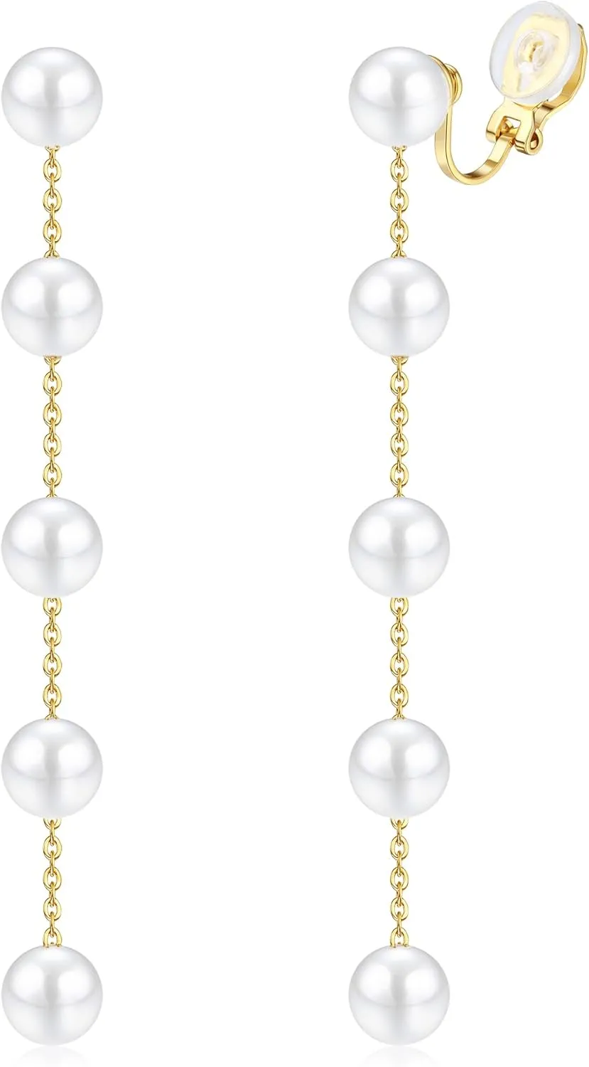 CASSIECA 14K Gold Plated Clip on Pearl Earrings for Women Girls - Long Dangle Pearl Drop Ear Clips for Wedding, Bridal Gifts
