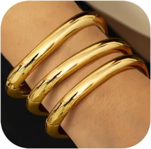 CASSIECA Chunky Gold Bangles for Women 18K Gold Plated Stretch Bangles Bracelets Set 3PCS Chunky Titanium Non Tarnish Flexible Wide Wristband Bracelets Set