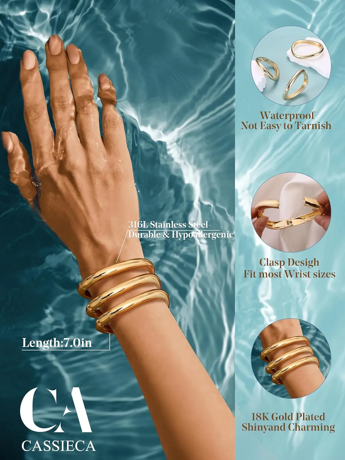 CASSIECA Chunky Gold Bangles for Women 18K Gold Plated Stretch Bangles Bracelets Set 3PCS Chunky Titanium Non Tarnish Flexible Wide Wristband Bracelets Set