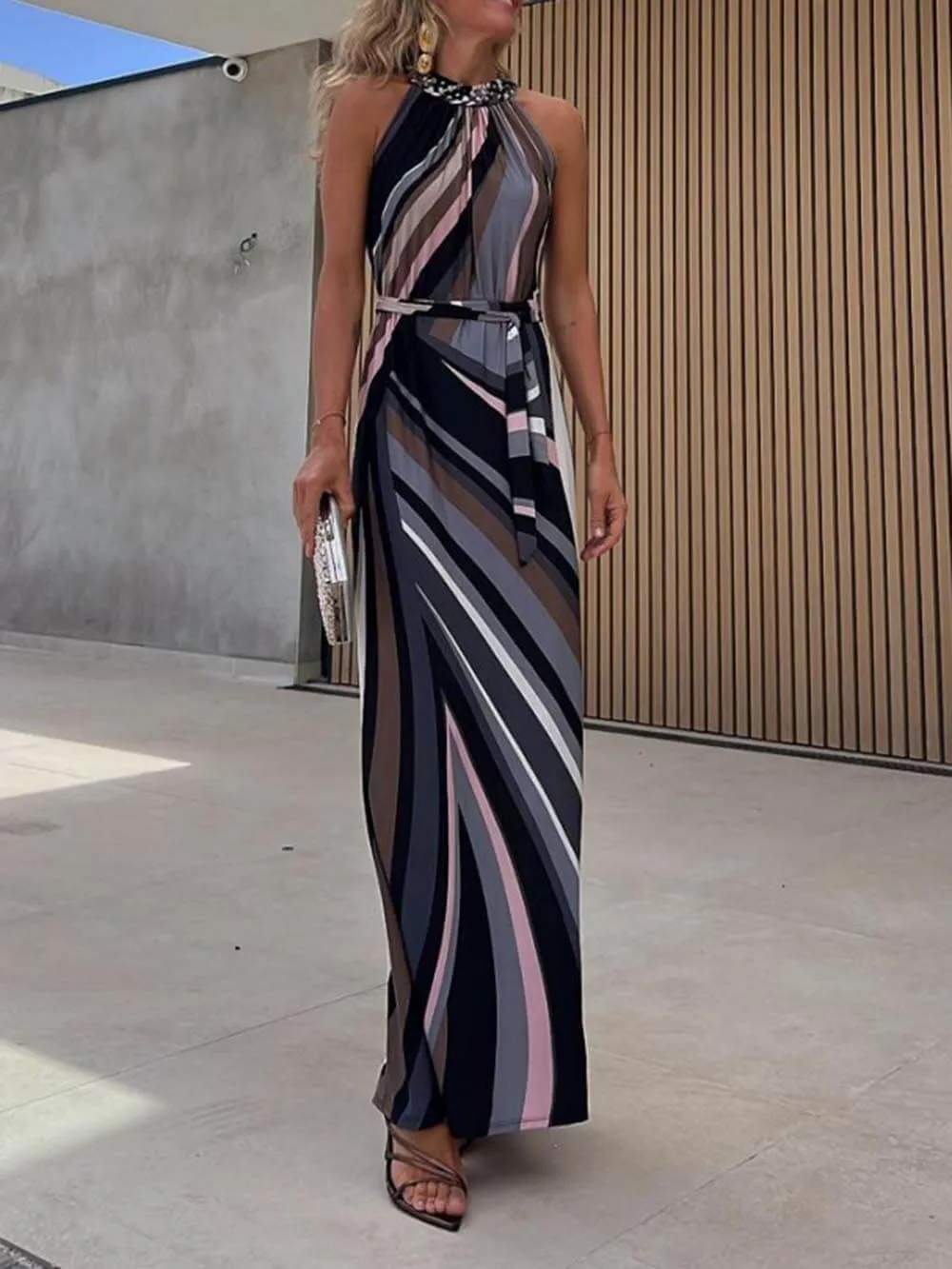 Casual Loose Halterneck Striped Graceful Gradient Print Maxi Dress