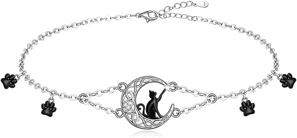 Cat Anklets Ankle Bracelets for Women Sterling Silver Celtic Moon Black Cat Paw Print Anklet Bracelet for Cat Lovers Cute Animal Pet Beach Boho Foot Chain Jewelry Summer Gifts