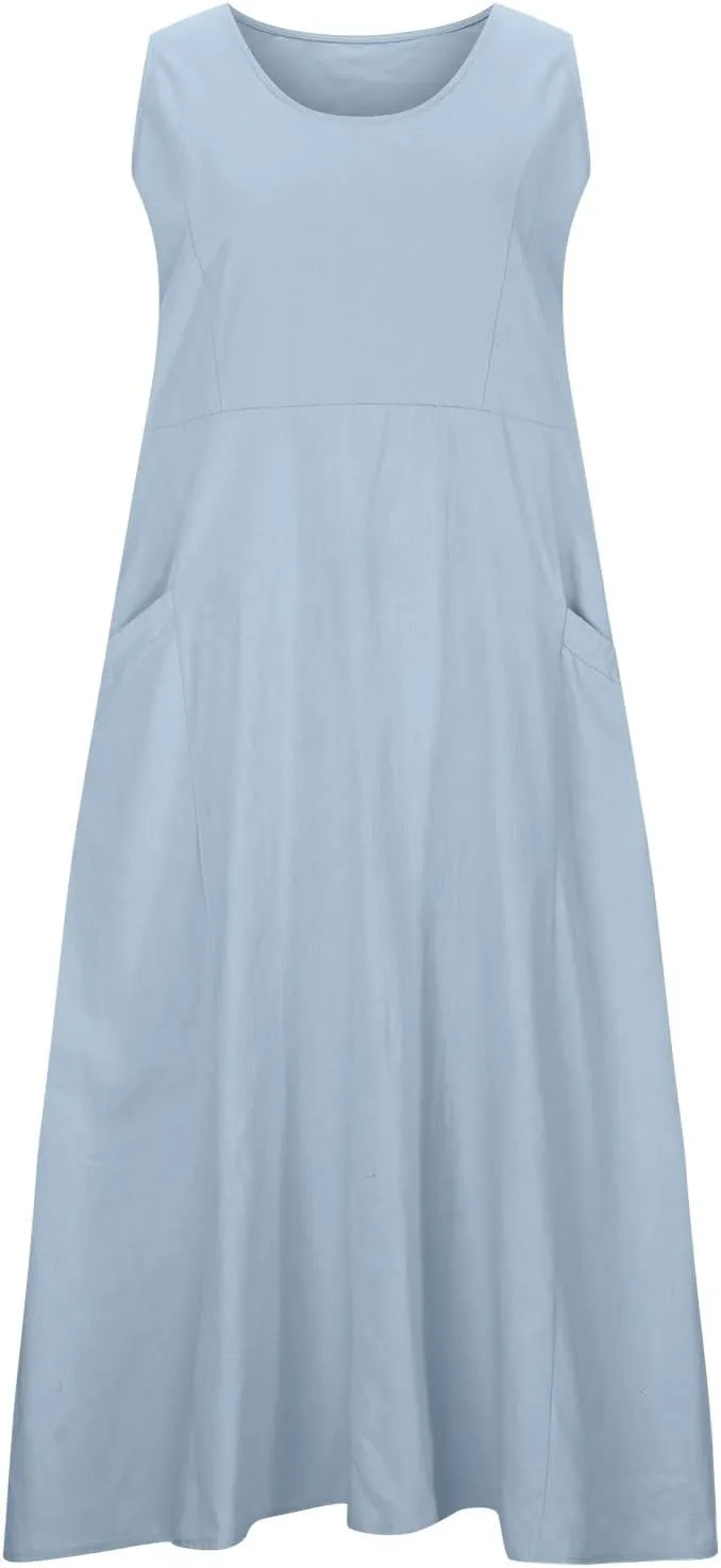 Ceboyel Women 2023 Solid Color Linen Dress Causal Summer Sun Dress Flowy Sleeveless Sundress Trendy Beach Maxi Long Dresses