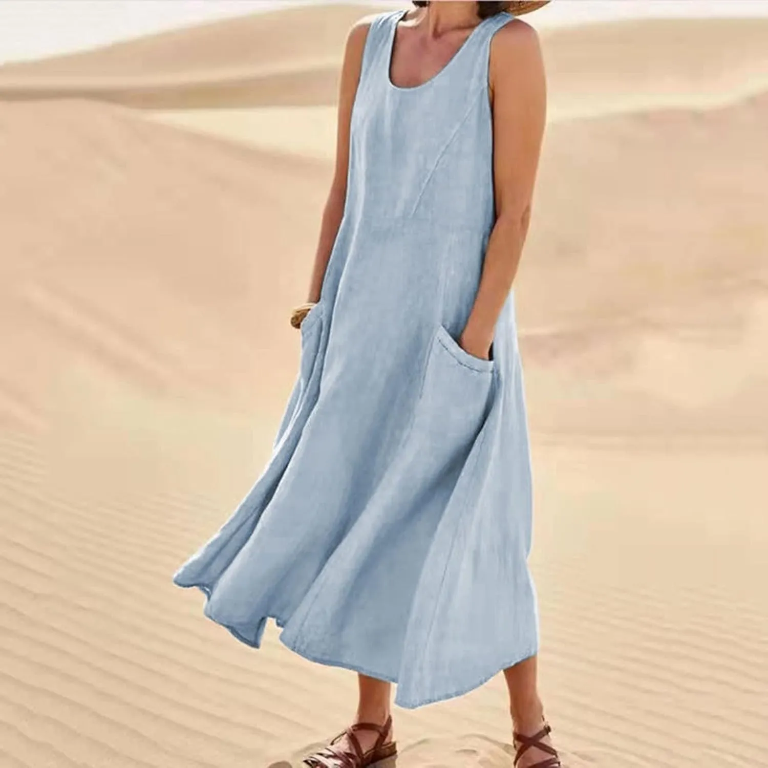 Ceboyel Women 2023 Solid Color Linen Dress Causal Summer Sun Dress Flowy Sleeveless Sundress Trendy Beach Maxi Long Dresses