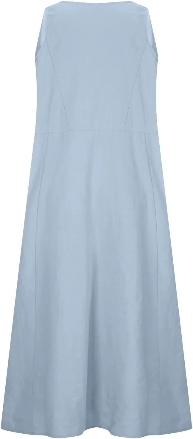 Ceboyel Women 2023 Solid Color Linen Dress Causal Summer Sun Dress Flowy Sleeveless Sundress Trendy Beach Maxi Long Dresses