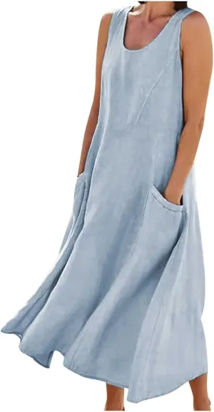 Ceboyel Women 2023 Solid Color Linen Dress Causal Summer Sun Dress Flowy Sleeveless Sundress Trendy Beach Maxi Long Dresses