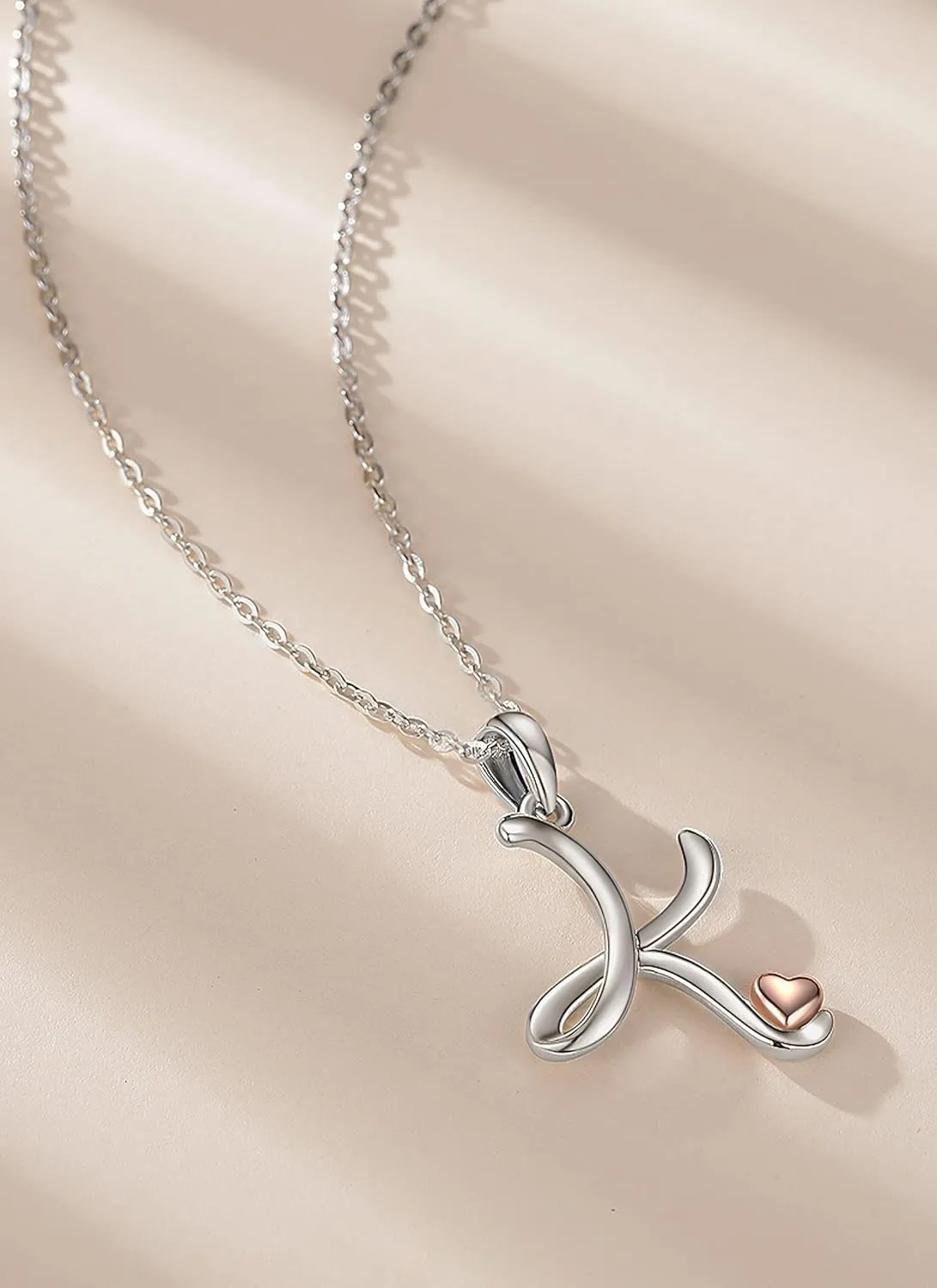 CELESTIA 925 Sterling Silver Initial Necklaces 26 Letter with Rose Gold Heart - 18 Inch Chain