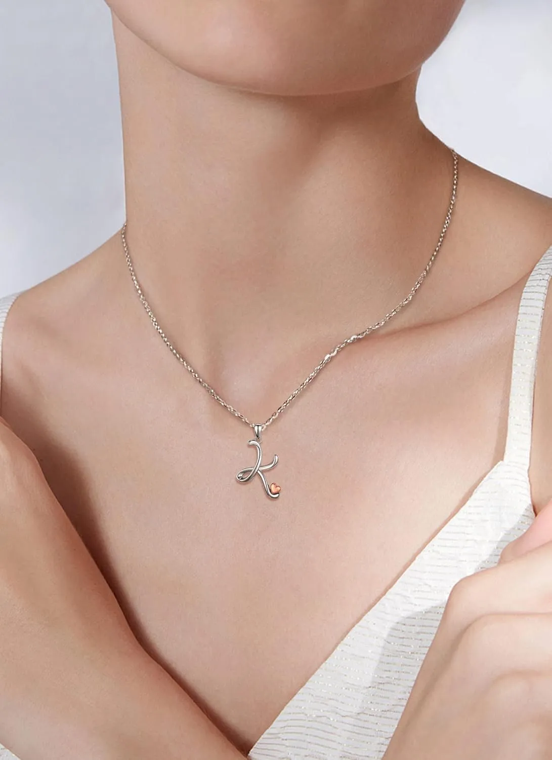 CELESTIA 925 Sterling Silver Initial Necklaces 26 Letter with Rose Gold Heart - 18 Inch Chain