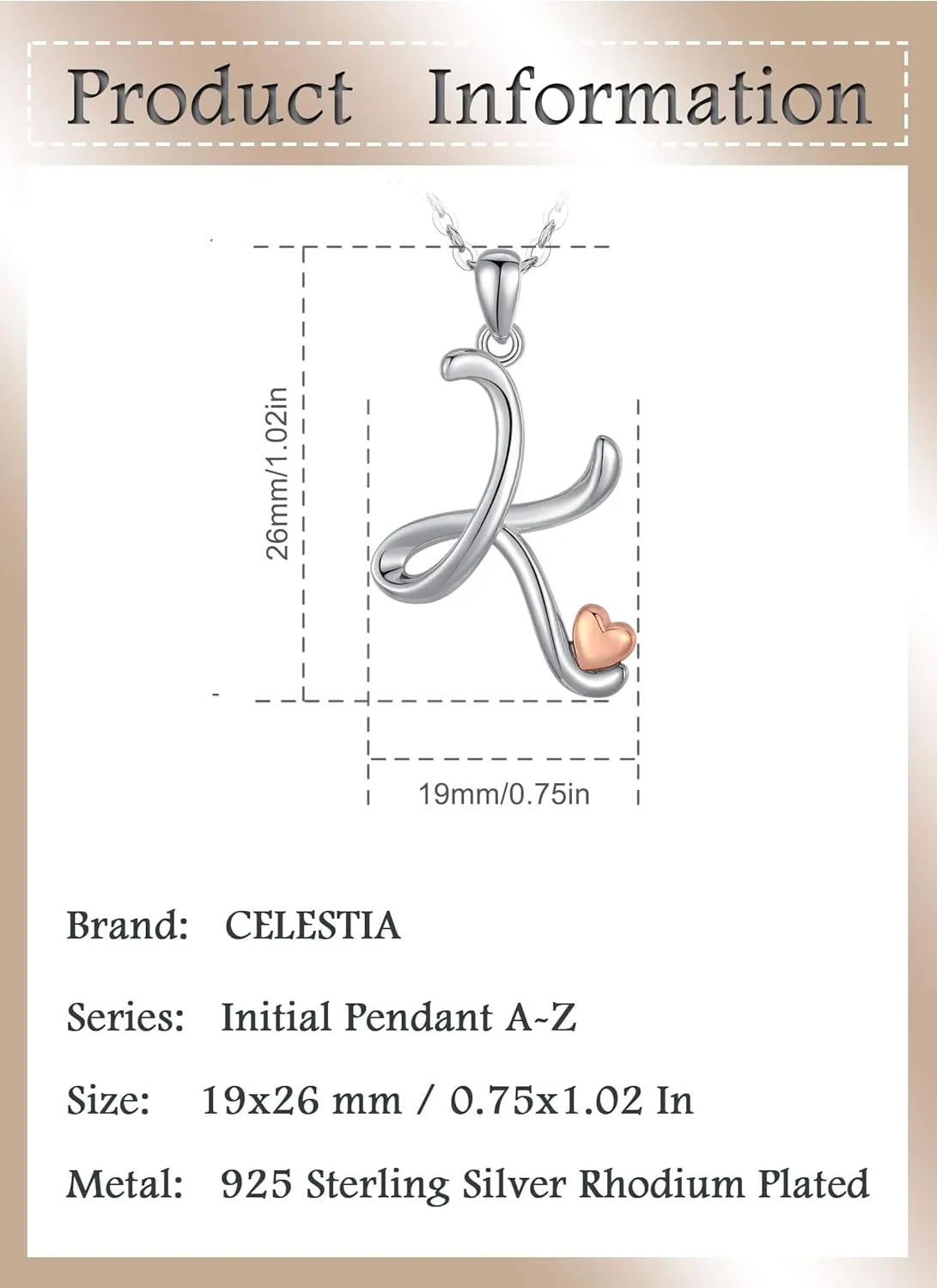CELESTIA 925 Sterling Silver Initial Necklaces 26 Letter with Rose Gold Heart - 18 Inch Chain