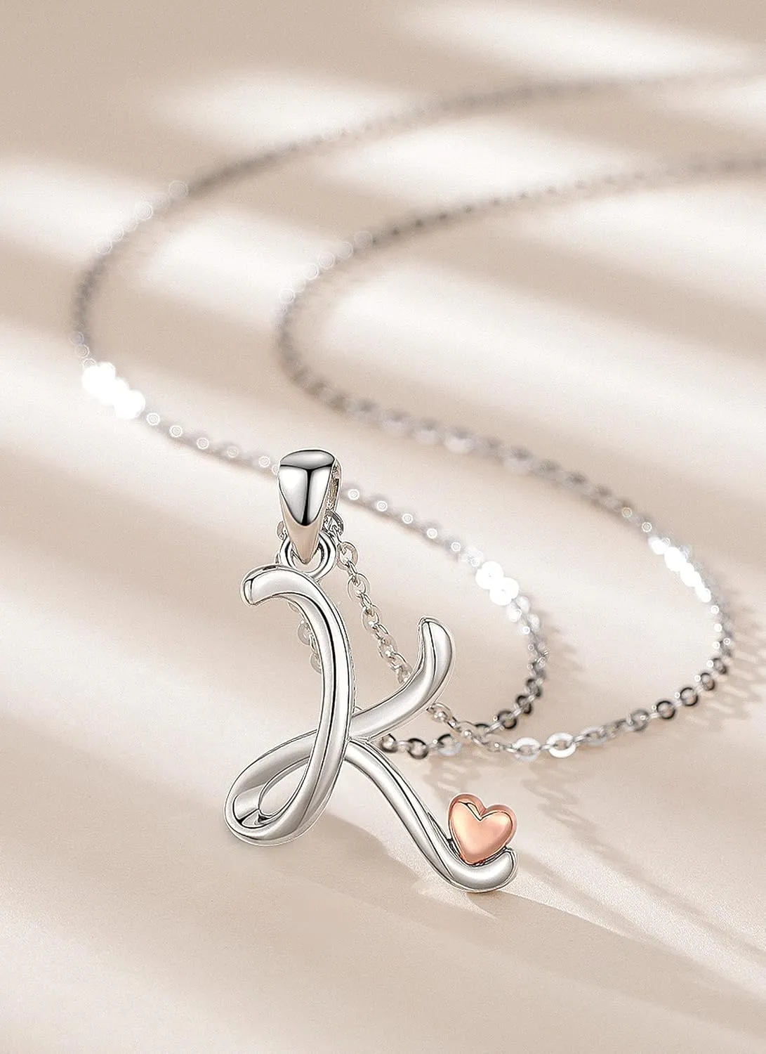 CELESTIA 925 Sterling Silver Initial Necklaces 26 Letter with Rose Gold Heart - 18 Inch Chain