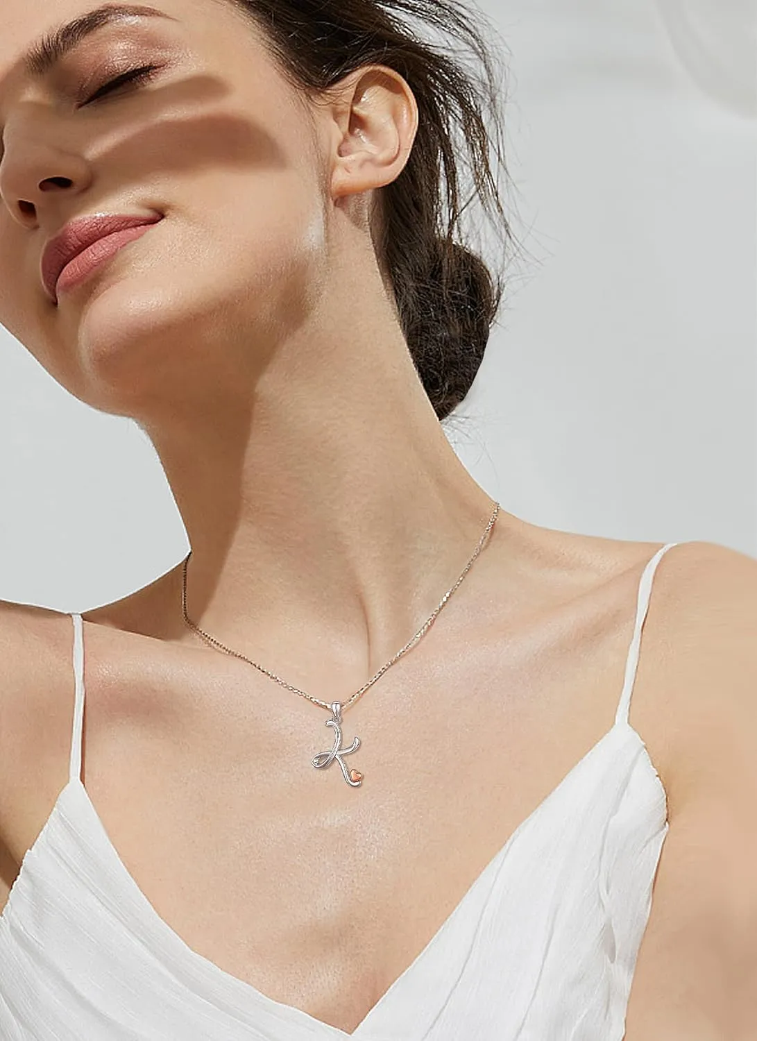 CELESTIA 925 Sterling Silver Initial Necklaces 26 Letter with Rose Gold Heart - 18 Inch Chain
