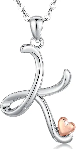 CELESTIA 925 Sterling Silver Initial Necklaces 26 Letter with Rose Gold Heart - 18 Inch Chain