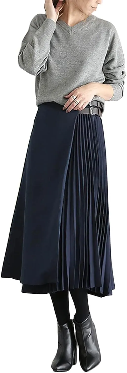 CHARTOU Women's High Waist Asymmetrical Patchwork Belted Midi Long Pleated Skirt