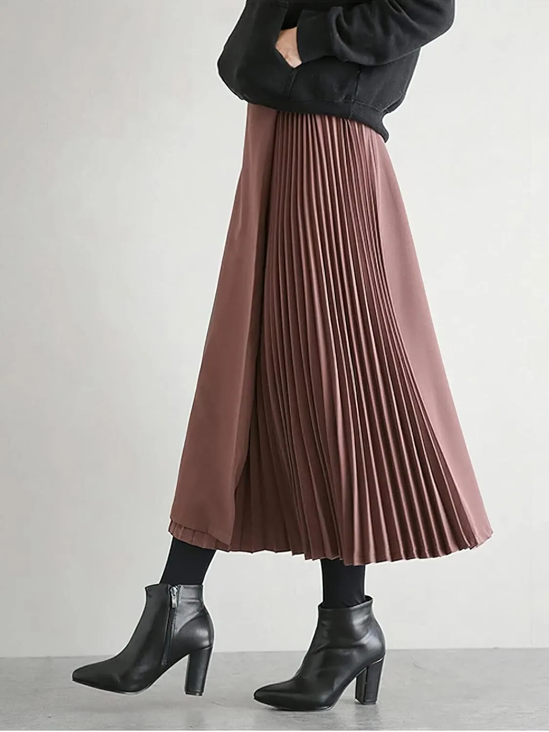 CHARTOU Women's High Waist Asymmetrical Patchwork Belted Midi Long Pleated Skirt