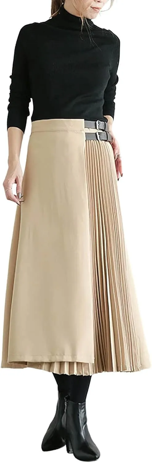 CHARTOU Women's High Waist Asymmetrical Patchwork Belted Midi Long Pleated Skirt