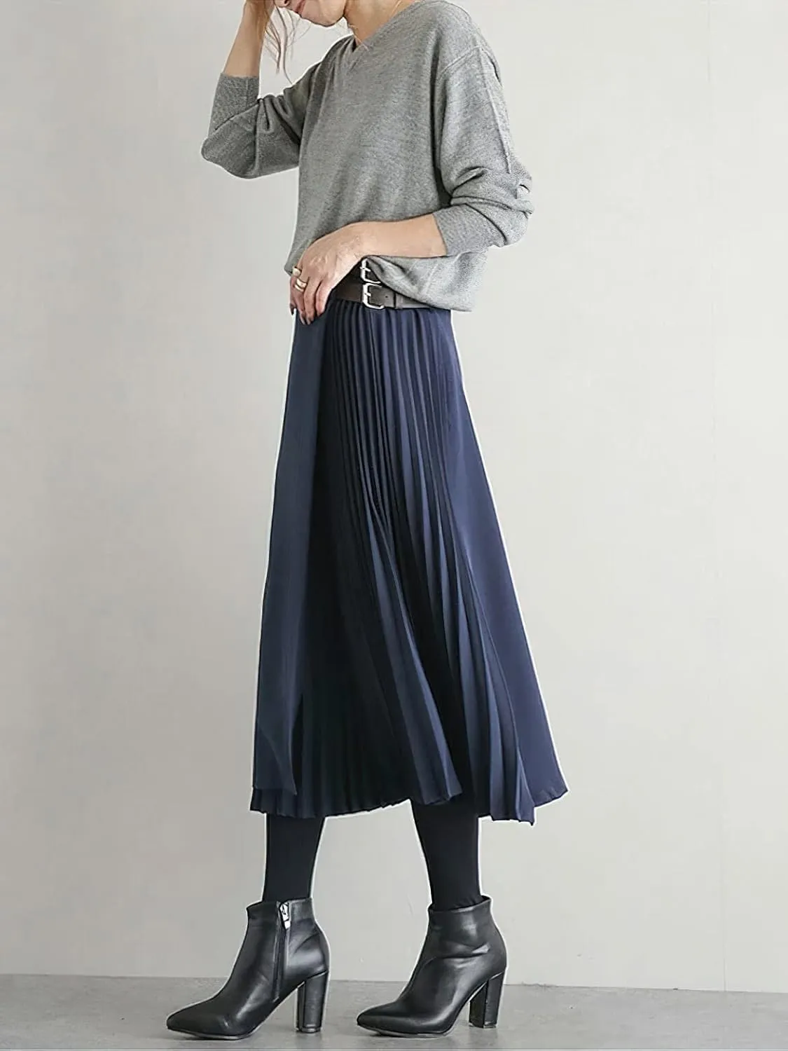 CHARTOU Women's High Waist Asymmetrical Patchwork Belted Midi Long Pleated Skirt