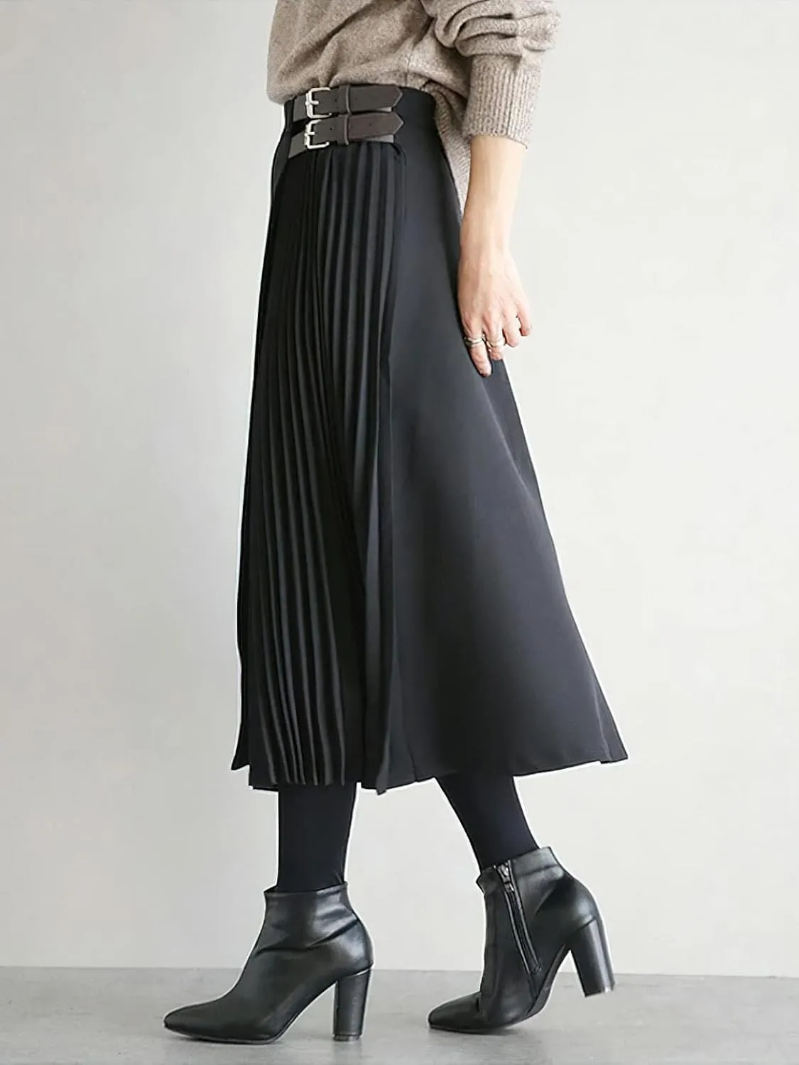 CHARTOU Women's High Waist Asymmetrical Patchwork Belted Midi Long Pleated Skirt