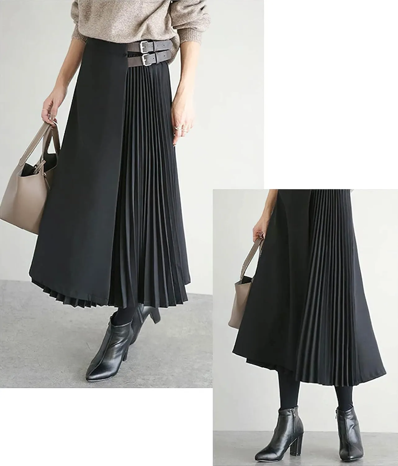 CHARTOU Women's High Waist Asymmetrical Patchwork Belted Midi Long Pleated Skirt