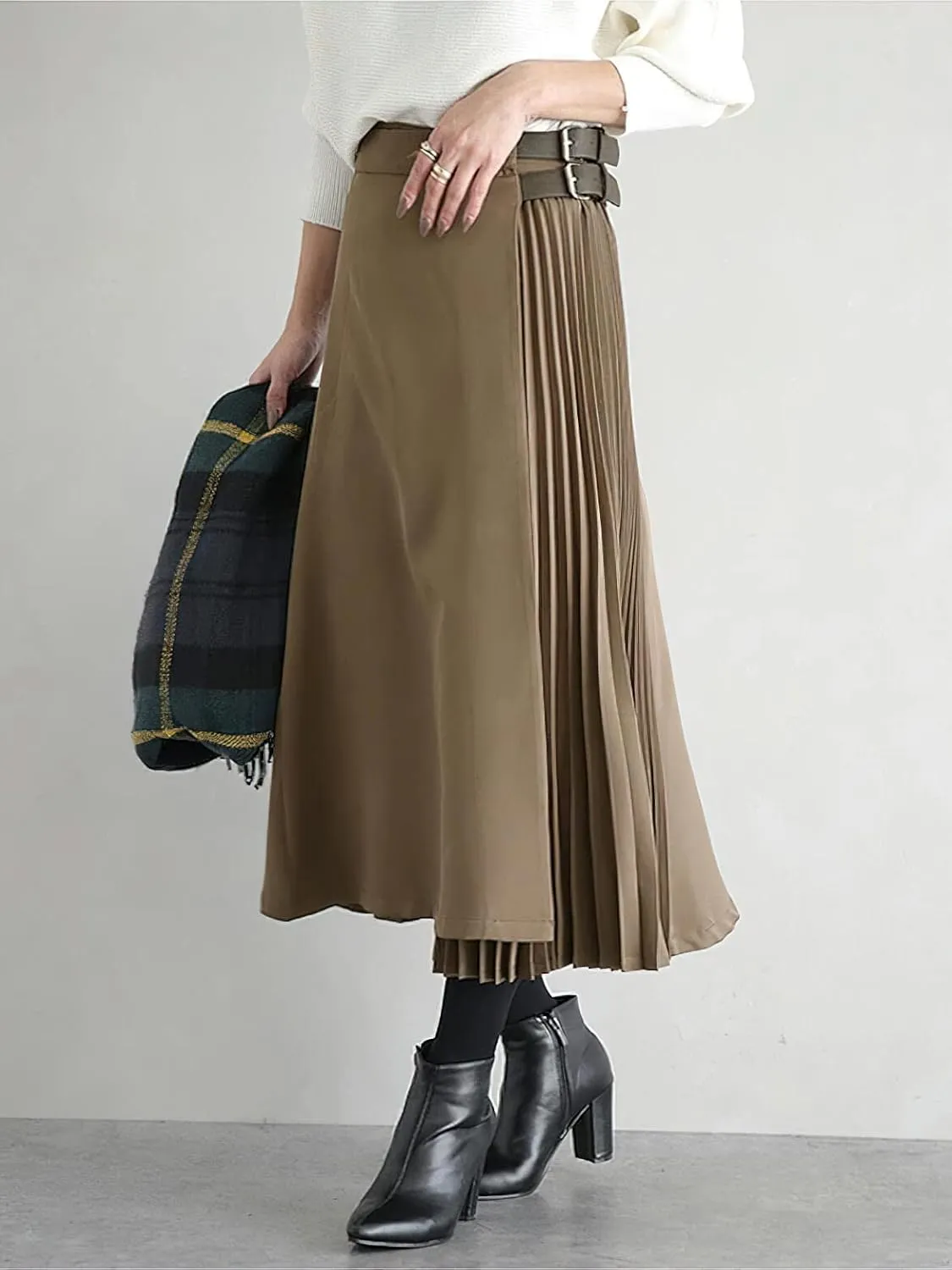 CHARTOU Women's High Waist Asymmetrical Patchwork Belted Midi Long Pleated Skirt