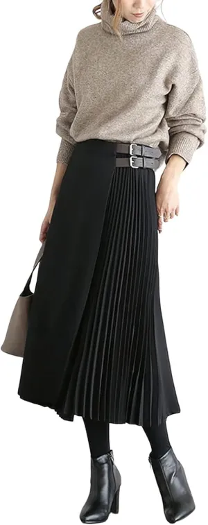 CHARTOU Women's High Waist Asymmetrical Patchwork Belted Midi Long Pleated Skirt