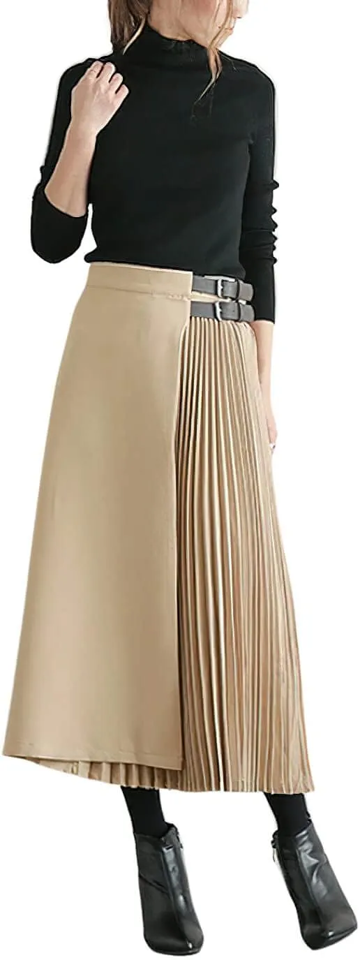 CHARTOU Women's High Waist Asymmetrical Patchwork Belted Midi Long Pleated Skirt