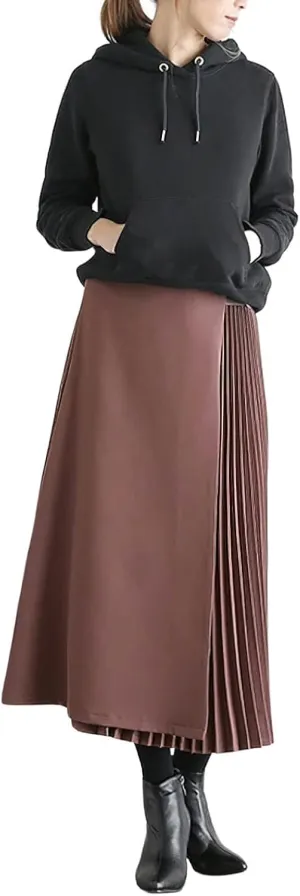 CHARTOU Women's High Waist Asymmetrical Patchwork Belted Midi Long Pleated Skirt