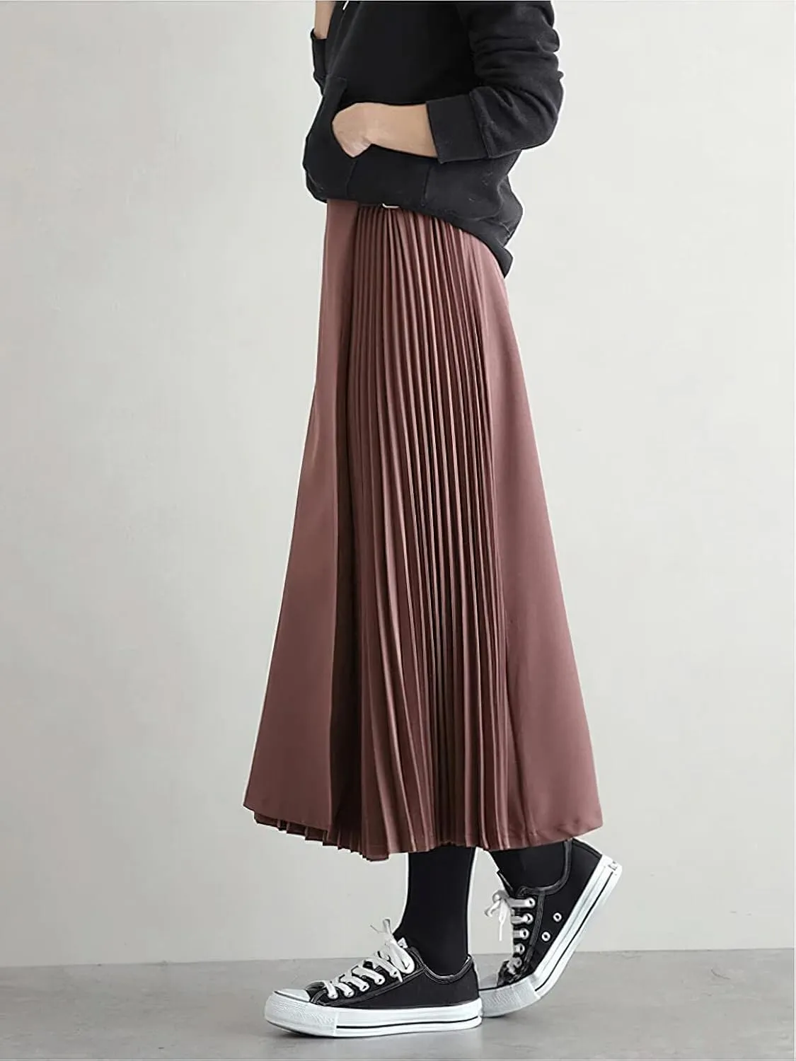 CHARTOU Women's High Waist Asymmetrical Patchwork Belted Midi Long Pleated Skirt