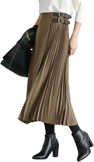 CHARTOU Women's High Waist Asymmetrical Patchwork Belted Midi Long Pleated Skirt