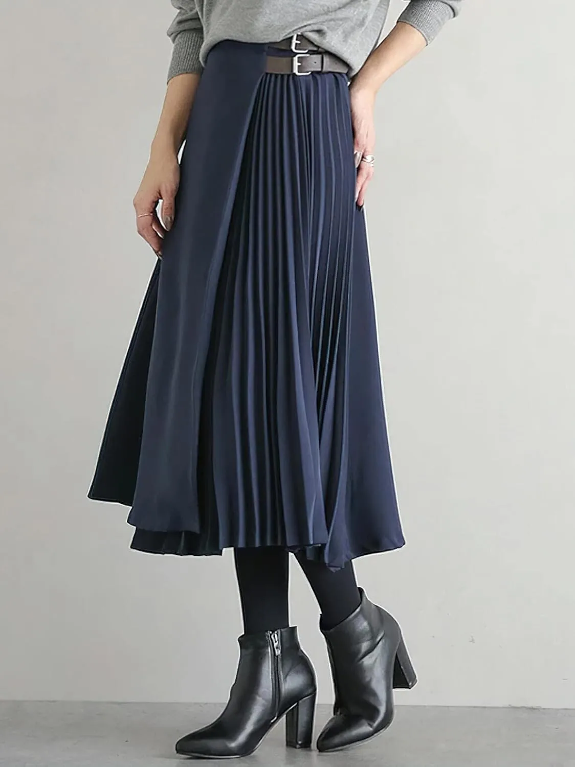 CHARTOU Women's High Waist Asymmetrical Patchwork Belted Midi Long Pleated Skirt