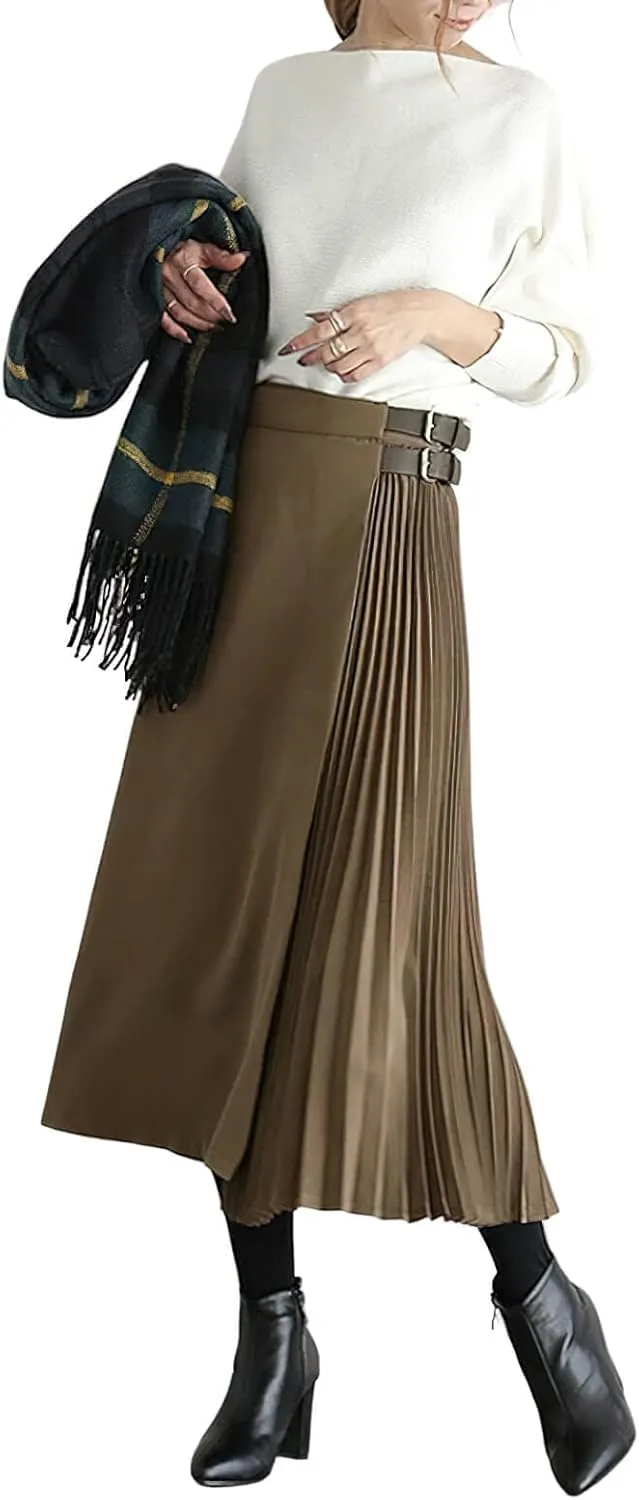CHARTOU Women's High Waist Asymmetrical Patchwork Belted Midi Long Pleated Skirt