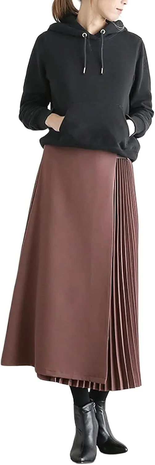 CHARTOU Women's High Waist Asymmetrical Patchwork Belted Midi Long Pleated Skirt