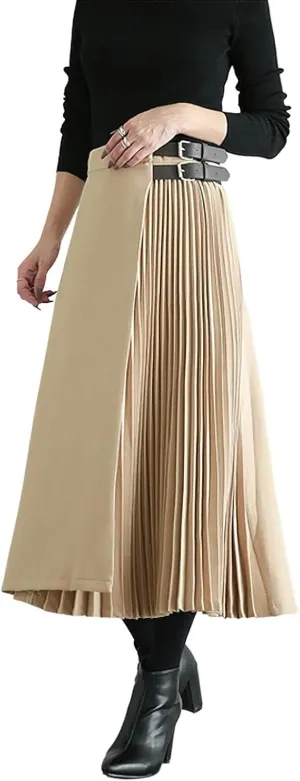 CHARTOU Women's High Waist Asymmetrical Patchwork Belted Midi Long Pleated Skirt
