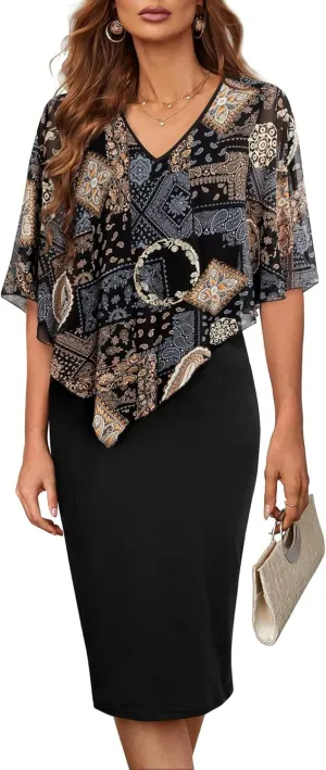 CHARTOU Women's Sleeveless Shawl Dress Formal V Neck Chiffon Cape Tank Pencil Bodycon Party Evening Dress