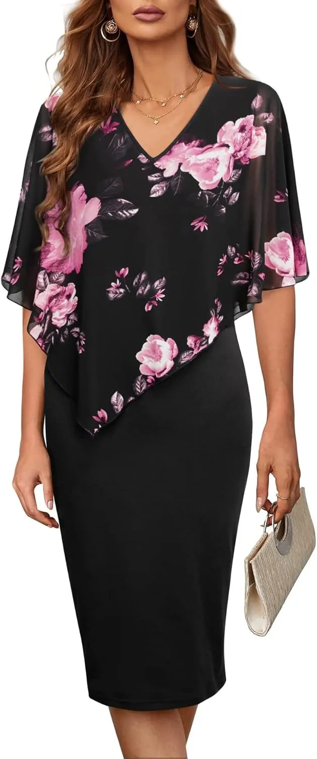 CHARTOU Women's Sleeveless Shawl Dress Formal V Neck Chiffon Cape Tank Pencil Bodycon Party Evening Dress
