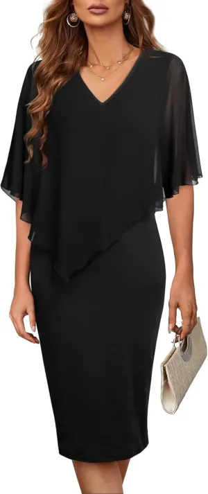 CHARTOU Women's Sleeveless Shawl Dress Formal V Neck Chiffon Cape Tank Pencil Bodycon Party Evening Dress