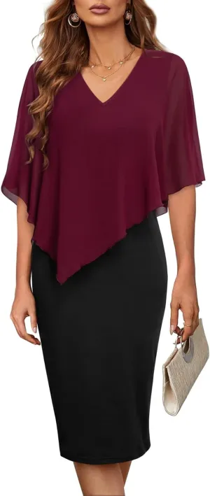 CHARTOU Women's Sleeveless Shawl Dress Formal V Neck Chiffon Cape Tank Pencil Bodycon Party Evening Dress